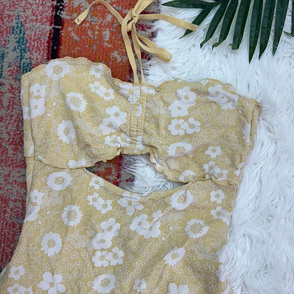 Aerie Yellow Flower Floral Halter Cut Out One Piece Full Coverage Swimsuit XL - Picture 4 of 6